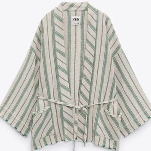 ZARA Green Striped Open Kimono Jacket
